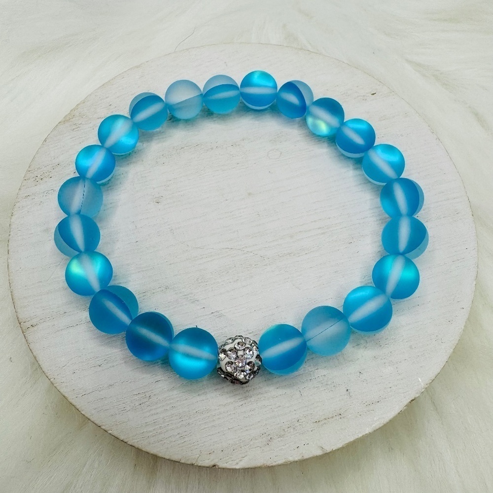 Chic Blue Matte Moonstone Beaded Bracelet w/ Rhinestone